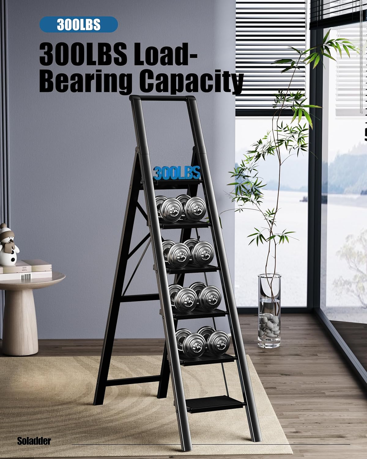 6 Step Ladder for 12 Feet High Ceiling, Folding Step Stool with Handgrip and Anti-Slip Wide Pedal, Portable Lightweight Aluminum Stepladder for Kitchen, Home (330 lbs Capacity) - Black