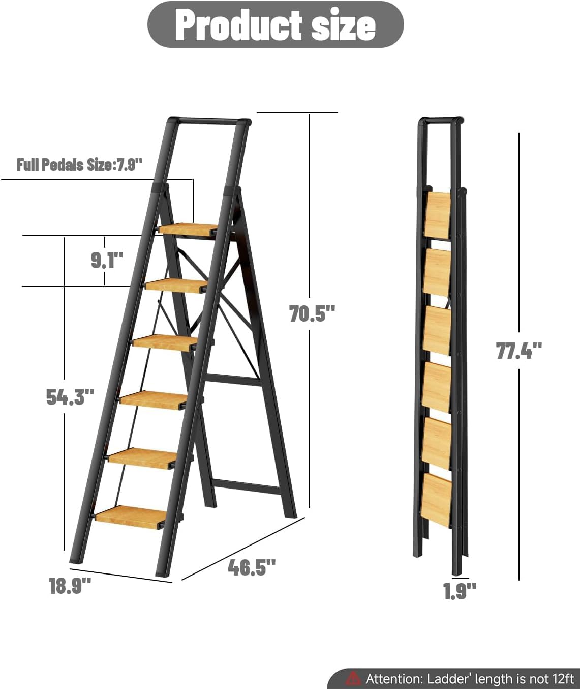6 Step Ladder, Folding Step Stool with Handgrip and Anti-Slip Wide Pedal, Portable Lightweight Aluminum Stepladder for Kitchen, Home, Library, Office (300 lbs Capacity) - Gold