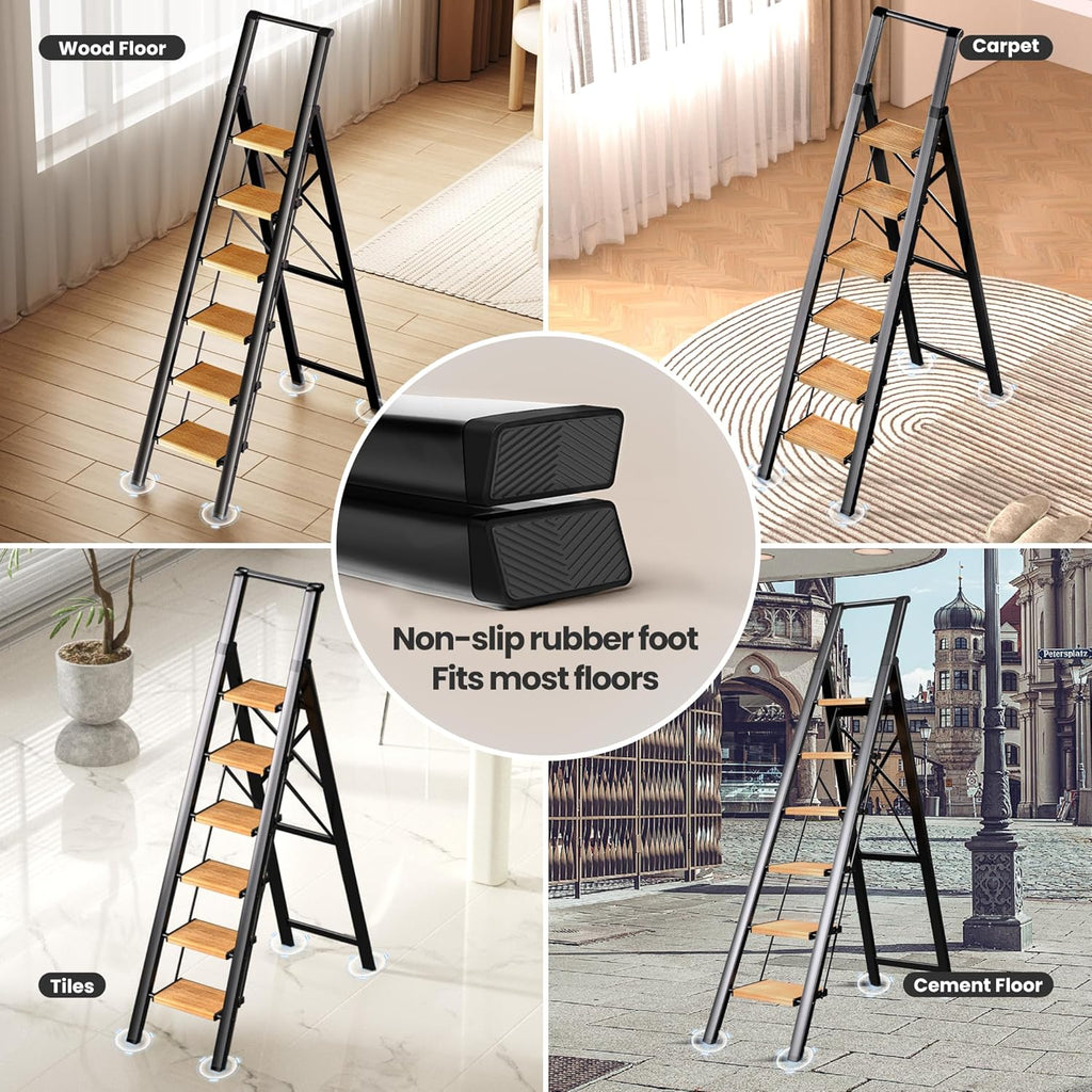 6 Step Ladder, Folding Step Stool with Handgrip and Anti-Slip Wide Pedal, Portable Lightweight Aluminum Stepladder for Kitchen, Home, Library, Office (300 lbs Capacity) - Gold