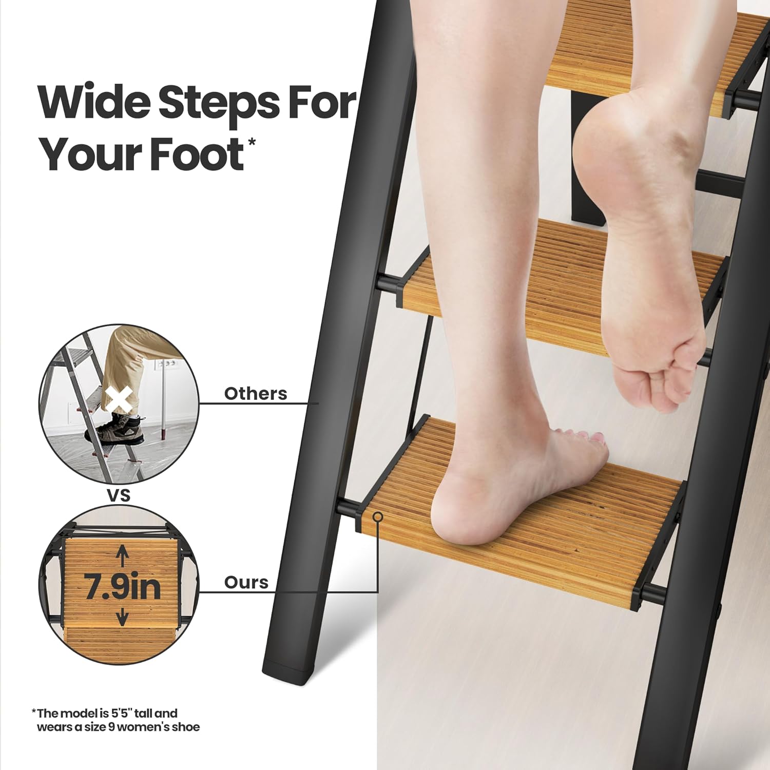 6 Step Ladder, Folding Step Stool with Handgrip and Anti-Slip Wide Pedal, Portable Lightweight Aluminum Stepladder for Kitchen, Home, Library, Office (300 lbs Capacity) - Gold