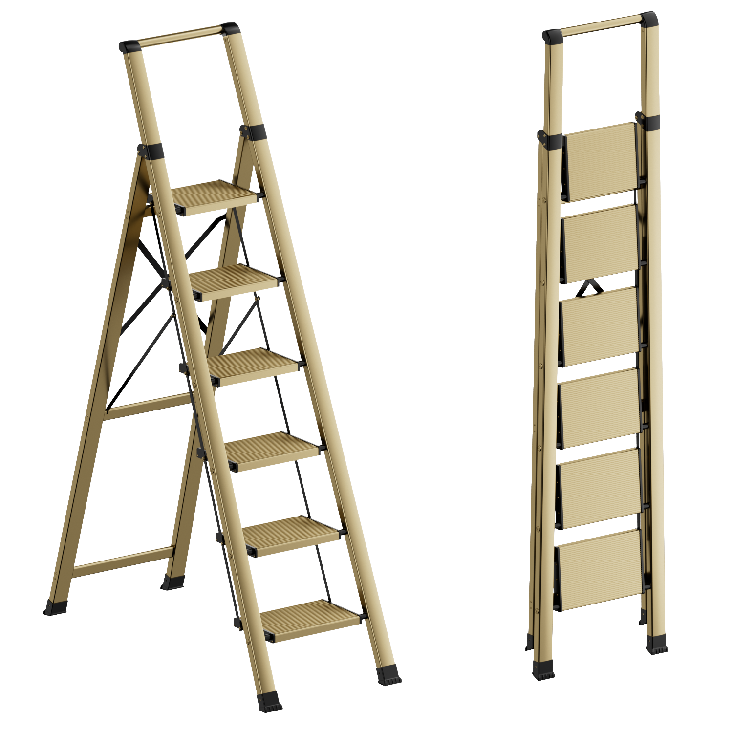 6 Step Ladder for 12 Feet High Ceiling, Folding Step Stool with Handgrip and Anti-Slip Wide Pedal, Portable Lightweight Aluminum Stepladder for Kitchen, Home  - Gold