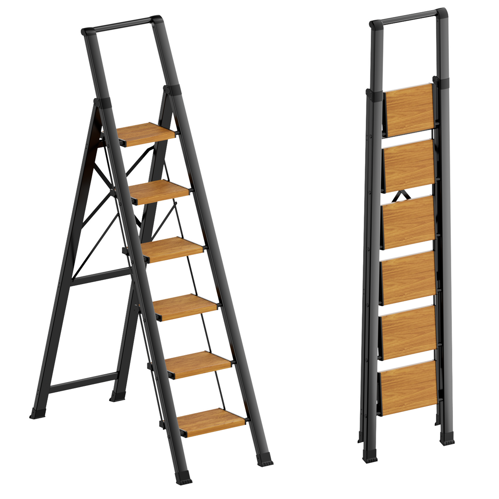 6 Step Ladder, Folding Step Stool with Handgrip and Anti-Slip Wide Pedal, Portable Lightweight Aluminum Stepladder for Kitchen, Home, Library, Office (300 lbs Capacity) - Gold