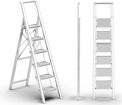 SOLADDER 6 Step Ladder, Folding Step Stool with Handgrip and Anti-Slip Wide Pedal, Portable Lightweight Aluminum Stepladder for Kitchen, Home, Library, Office (330 lbs Capacity) - Silver