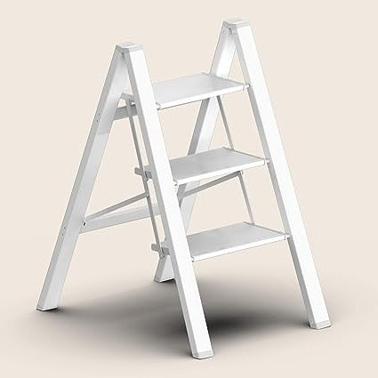 3 Step Ladder, Folding Step Stool, Lightweight Aluminum Foldable Ladder with Anti-Slip Wide Sturdy Pedal, Multi-Use for Home, Library, Office, Garage (330 lbs Capacity) - White