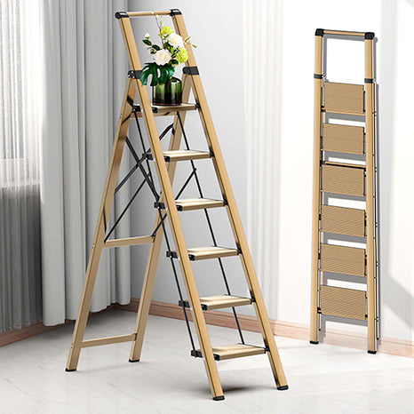 6 Step Ladder for 12 Feet High Ceiling, Folding Step Stool with Handgrip and Anti-Slip Wide Pedal, Portable Lightweight Aluminum Stepladder for Kitchen, Home - Gold