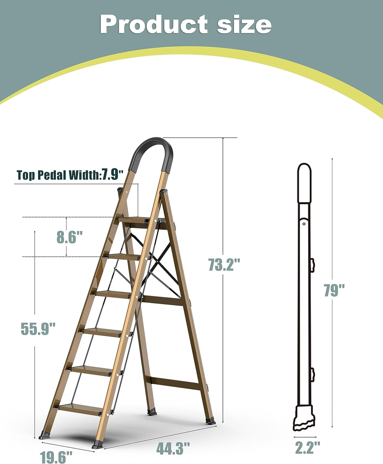 SOLADDER 6 Step Ladder,Ceiling for High Folding Step Stool with Anti-Slip Wide Sturdy Pedal and Handgrip, Portable Lightweight Aluminum Stepladder, Multi-Use for Home, Library, Garage (330 lbs Capacity) - Brown  Gold