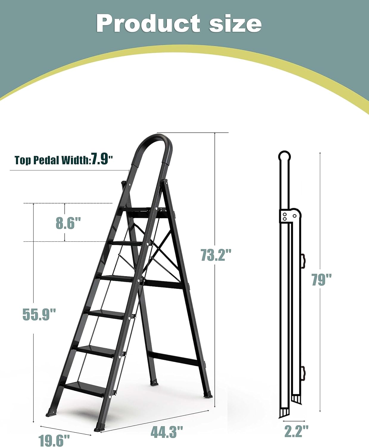 SOLADDER 6 Step Ladder, Folding Step Stool with Anti-Slip Wide Sturdy Pedal and Handgrip, Portable Lightweight Aluminum Stepladder, Multi-Use for Home, Library, Garage (330 lbs Capacity) - Black