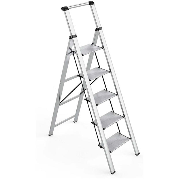 SOLADDER 5 Step Ladder, Folding Step Stool, Lightweight Aluminum Silver Foldable Ladder with Anti-Slip Wide Sturdy Pedal and Handgrip, Multi-Use for Home, Library, Office, Garage (330 lbs Capacity)