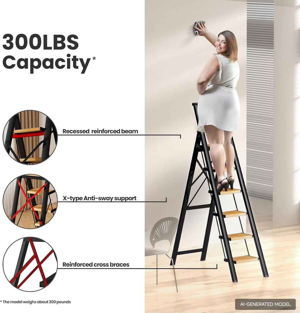 6-Step Folding Step Ladder – Black Woodgrain