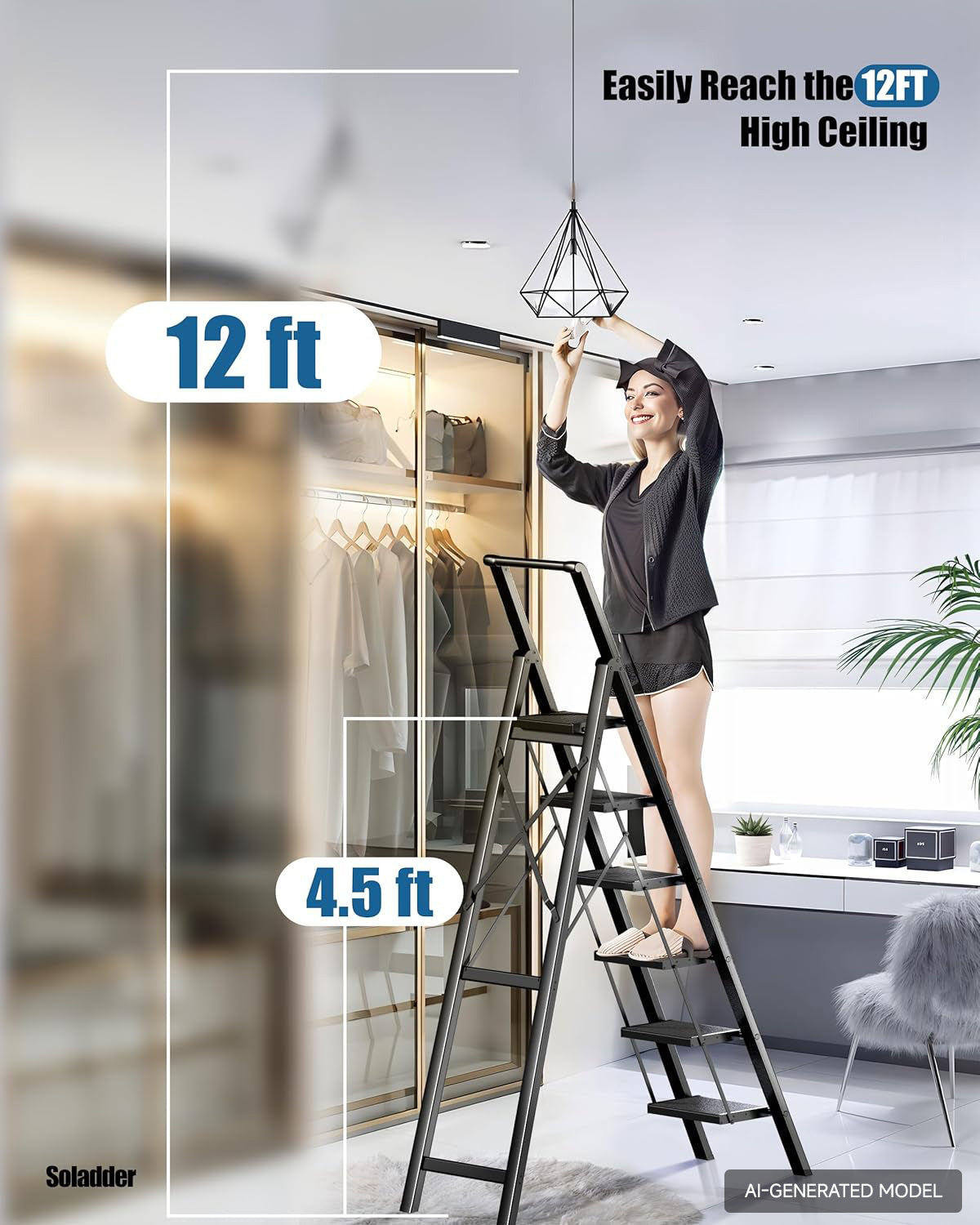 6 Step Ladder for 12 Feet High Ceiling, Folding Step Stool with Handgrip and Anti-Slip Wide Pedal, Portable Lightweight Aluminum Stepladder for Kitchen, Home (330 lbs Capacity) - Black