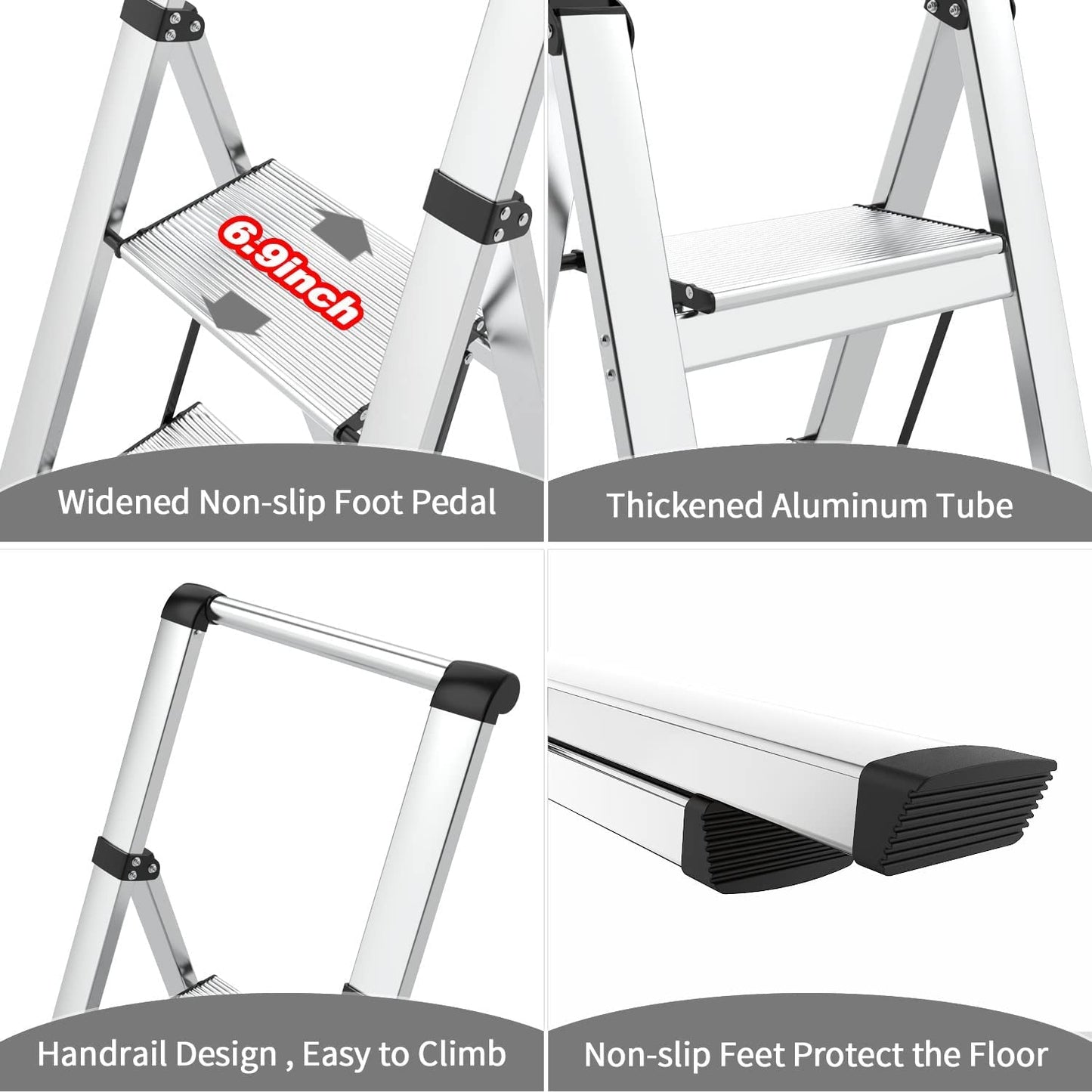 SOLADDER 5 Step Ladder, Folding Step Stool, Lightweight Aluminum Silver Foldable Ladder with Anti-Slip Wide Sturdy Pedal and Handgrip, Multi-Use for Home, Library, Office, Garage (330 lbs Capacity)