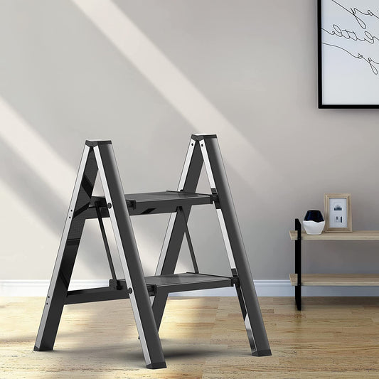  2 Step Ladder with Anti-Slip and Wide Pedal, Folding Step Stool Aluminum Lightweight for Home and Kitchen Space Saving, Black, 330lbs